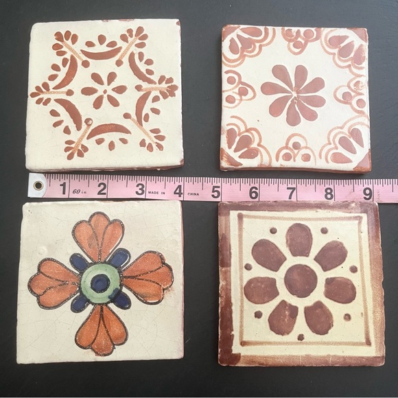 Mexican Hand Painted Terra-Cotta Talavera Vintage Tiles Set of 4 - Picture 2 of 13